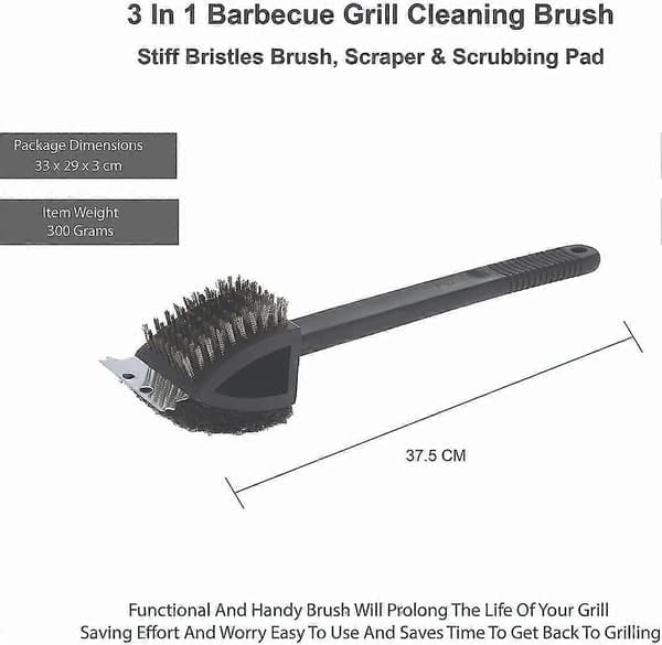 3-in-1 Grill Cleaning Brush | Brush with Stiff Bristles, Scraper, and Scrubber Pad