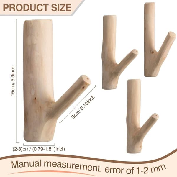 4 st Naturliga Träkrokar Väggmonterade för Jackor Hattar Väskor Handdukar Bredd 2-3cm