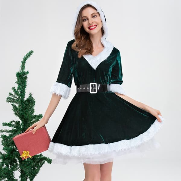 Fru Claus Joulupukin asu joulu Cosplay sametti hupulla