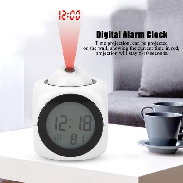 Digital Projection Alarm Clock with Ceiling Display, Voice Announcements, Temperature Display, Battery Operated, White