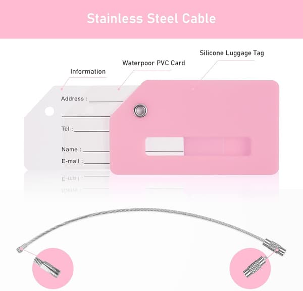 2 stk rosa + blå silikonbagasjelapper med ID, silikonbagasje