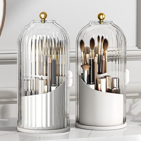Makeup Brush Holder Organizer with Clear Lid 360° Rotating Sliding Opening Dustproof Brushes