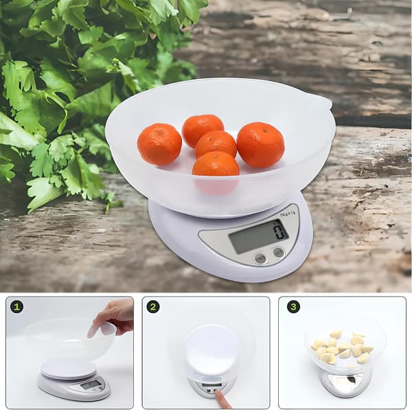 High-Precision Electronic Kitchen Scale, LCD Display, 5 kg Load, 800 ml Bowl Capacity, 5 Units and Tare Function, White