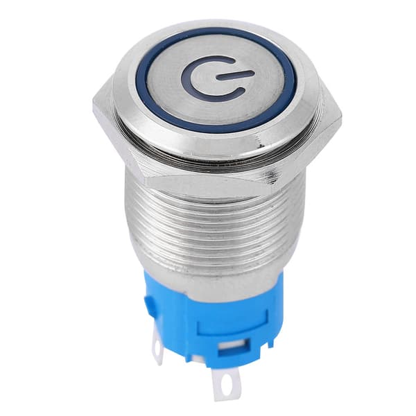 Blå LED Flat Rund Hode Selvtilbakestillende Metall Trykknapp Ring med Strømsymbol 16mm (12V)