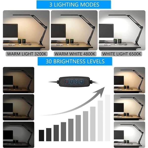Dimmable LED Desk Lamp with Clamp, 3 Color Modes, Swing Arm Lamp