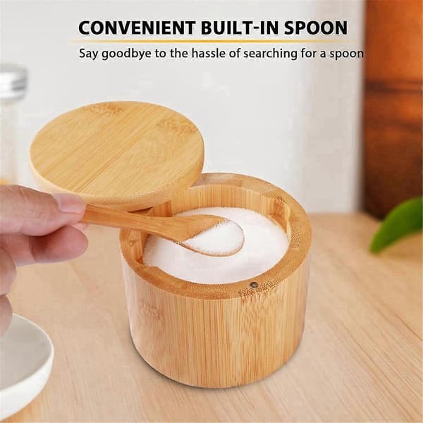 Bamboo Salt Cellar, 2 PCS Salt Boxes with Built-in Spoon
