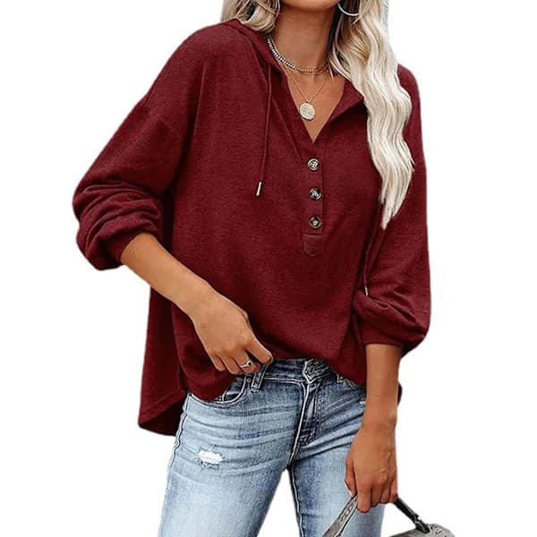Damebluse med knapper, V-hals, langærmet, snøre, til kontor, træning, vinrød, XL