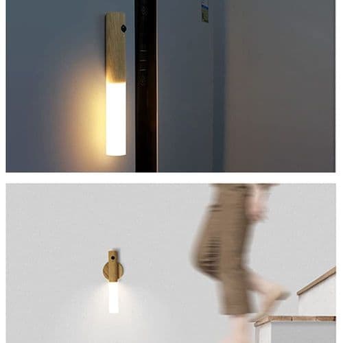 USB-uppladdningsbar vägglampa i trä med rörelsesensor