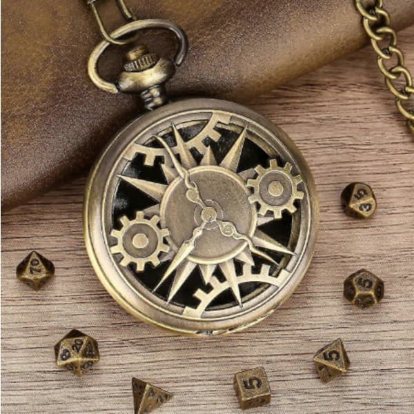 Mini DND Dice Set med Steampunk Brons Ihålig Fickurslåda, 7-delars Polyedriskt Metalltärningsset, Dungeons & Dragons Presentutrustning