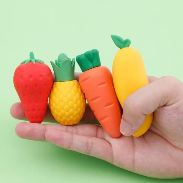 4-pak søde frugtviskelædere, mango, ananas, jordbær, gulerod