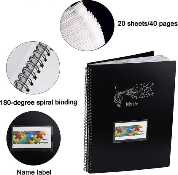 Musikmappe til noder A4 papir dokumentholder opbevaring 40 lommer G-nøgle nodestativ mappe P