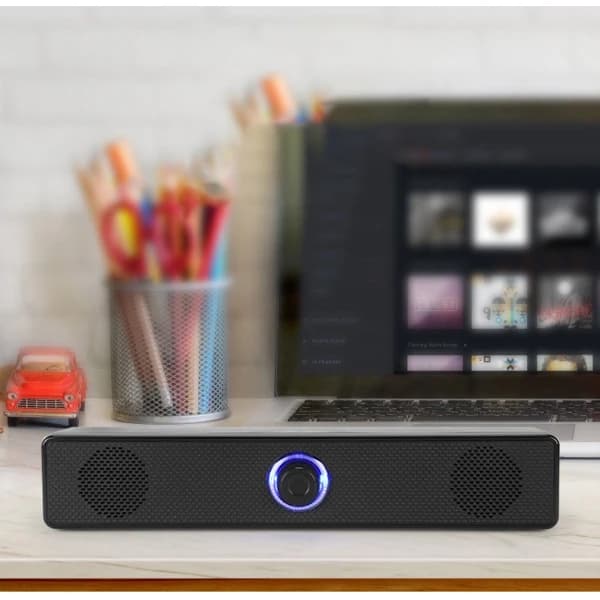 USB-soundbarhøjttaler med kablet lydstyrkekontrol, stereolyd til computerarbejde og spil, sort