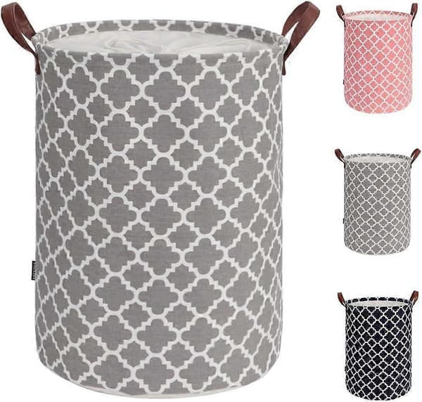 60L Large Laundry Basket with Durable Leather Handle, Thickened Waterproof Drawstring Round Foldable Laundry Hamper (Grey, L)