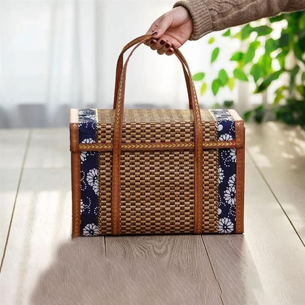 Wicker Picnic Basket with Handle for Fruit, Shopping, Food, Wicker Grass, Foldable Bamboo Basket