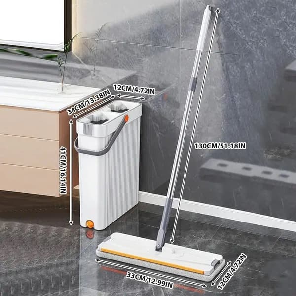 Mopping- og spandsæt med roterende fladmoppe – Våd- og tørrengøring, 4 vaskbare mikrofiberklude, lang moppe
