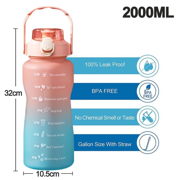 2000ml Gradient Tidsskala Rosa Sport Vannflaske KLB