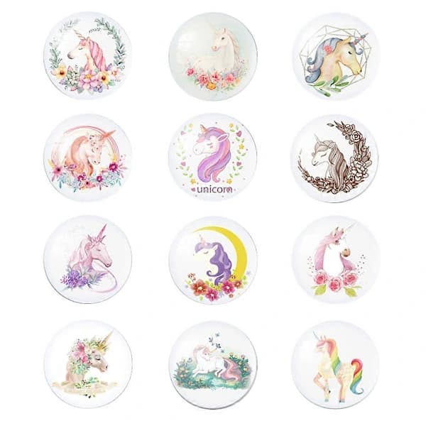 1 Set/12 pcs Unicorn Pattern Refrigerator Magnet Crystal Glass Refrigerator Magnet (30 mm) 3x3 cm