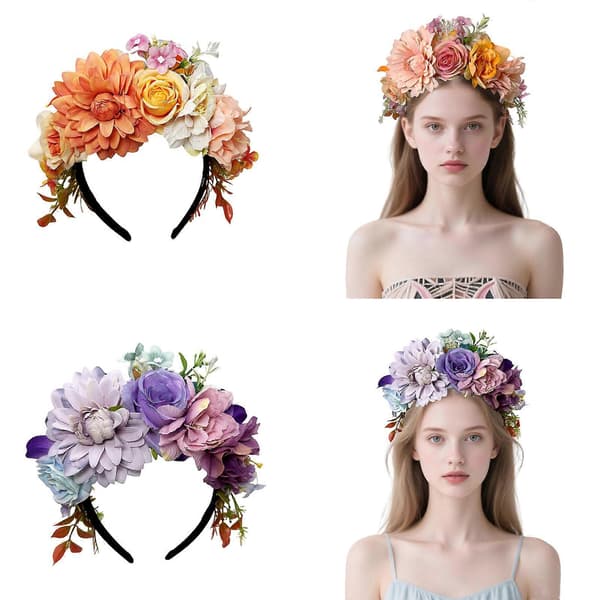 Bløde stofblomsterhårbånd til kvinder, justerbart hårbånd med realistiske blomster, velegnet til fotografering, begivenheder, bryllup 9-FX-9