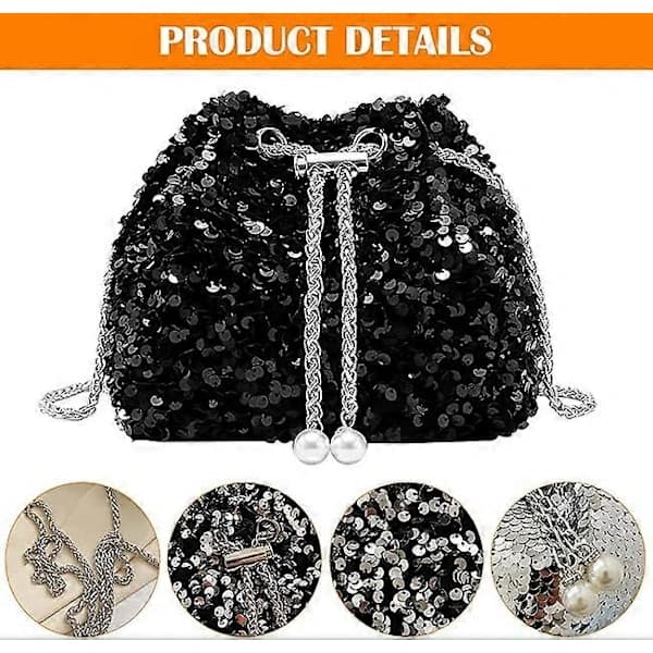Strass Aftenclutch Sølv Sort Dame Aftenclutch Skinnende Kædetaske Sort Sort