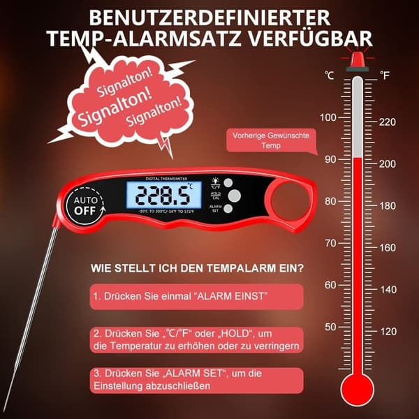 Grilltermometer digital, øjeblikkelig aflæsning kødtermometer stegetermometer, KLB