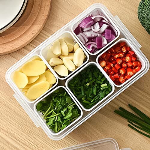 Fresh Produce Refrigerator Organizer with Lid and 6 Removable Drain Baskets for Fridge Storage (Clear) Translucent white six squares Translucent white six squares