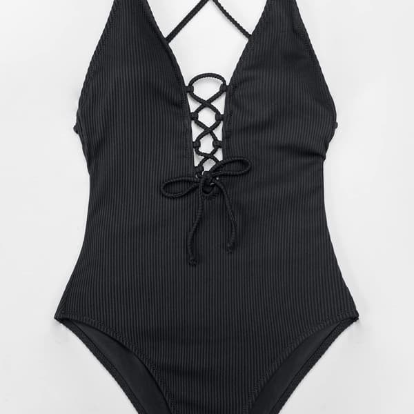 Women's Lace-Up Solid Ribbed One-Piece Swimsuit