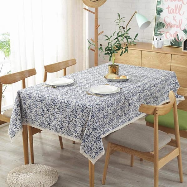 Dug, hør, bomuld, rektangulær, til indendørs og udendørs borde, porcelænsmønster, blå og hvid, 140 x 250 cm