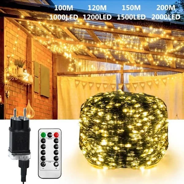 XMTECH 100m 1000 LED Christmas Lights with Remote Control and Plug 8 Modes for Indoor and Outdoor Warm White
