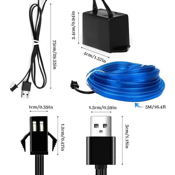 5m Bil Interiørbelysning, LED Bil Interiør, 5v El Wire LED Lysstrimmel til Bil Interiør, Bil Interiør LED Strip Lys Wire, Auto Interiør LED Strip