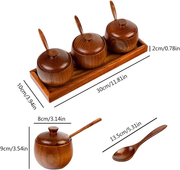 Natural Solid Wood Spice Jar Set with Wooden Base Large Spice Jar Salt Box Pepper Container Sugar Bowl with Spoon and Lid for Storage
