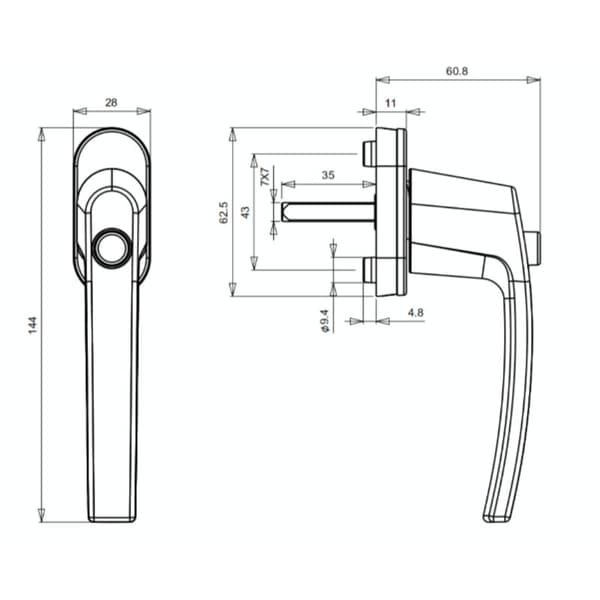 Vindushåndtak - med trykknapp, låselengde 35 mm, håndtakslengde 144 mm, hvit