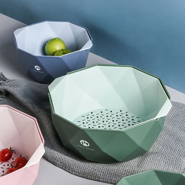 Kitchen Strainer, Colander, Pasta Strainer, Fruit and Vegetable Strainer, Double-Layer Drain Basin and Basket, Green