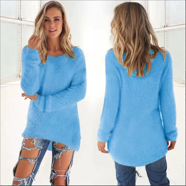 Langermet damegenser i plysj, jumper, pullover, sweatshirt, topp, himmelblå 3XL