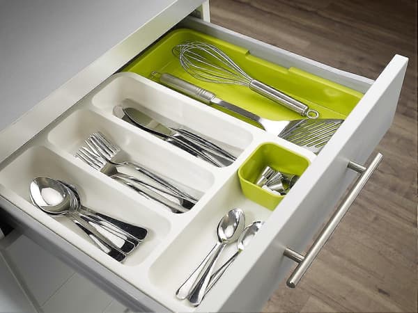 Expandable Cutlery Tray for Drawer, Adjustable Drawer Organizer - White/Green