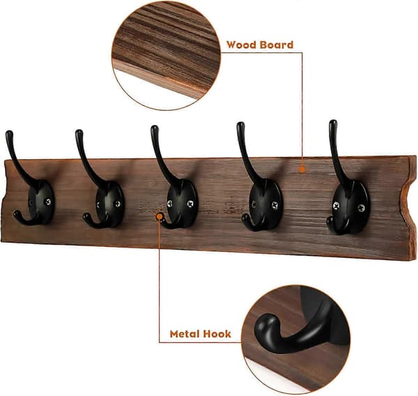 Wall Mounted Coat Hooks, Wooden Coat Hook Rack for Coat Hat Towel Robe, Kitchen Bathroom Entryway (Dark Brown, 1 pc)