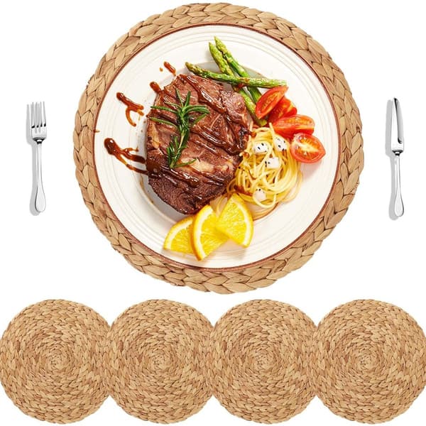 Set med 4 runda flätade bordstabletter av vattenhyacint, 30 cm (11\")