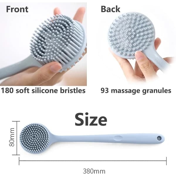 Silicone Back Scrubber with Long Handle for Shower, Non-Slip Handheld Shower Body Brush Double-Sided with Soft Bristles