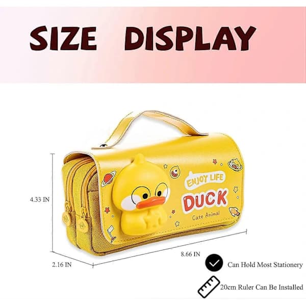 Pencil Case, Cute Yellow Duck Pencil Case with Decompression Toy, Portable Large Pencil Bag with Handle, 3 Compartments Canvas Kawaii / White Yellow