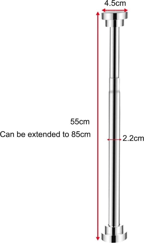 Udtrækkelig tøjstang - 50 cm - Sølv rustfrit stål - Justerbar 55-85 cm - Borefri installation - Til garderobe
