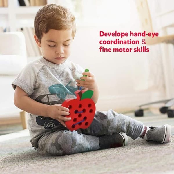 Trådspil æble, trådspil træ, tråd legetøj, Montessori legetøj træ, KLB