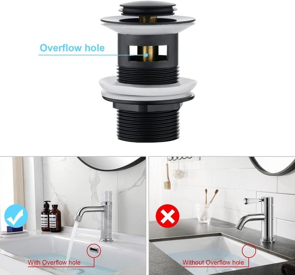Sink drain with overflow, universal sink drain, pop-up drain with overflow, matte black