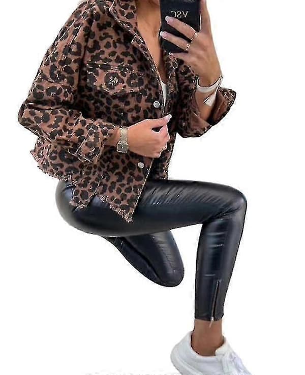 Dam Denimjacka Leopardmönstrad Knäppjacka