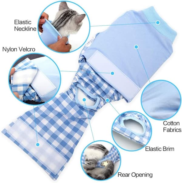 Professional Cat Recovery Suit, Abdominal Wound Surgical Clothes, Grid Design for Cats, Post-Surgery Collar Cone Alternative, Blue