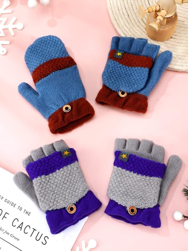 2 par fingerløse handsker til drenge, konvertible flip-top vintervarme strikkede halvfinger-vanter til 5-12 år (blå, lysegrå)