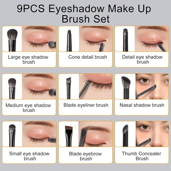 Set of 9 Makeup Brushes, Professional Brushes, Eyeshadow, Nose Contouring, Concealer and Eyebrow Brushes