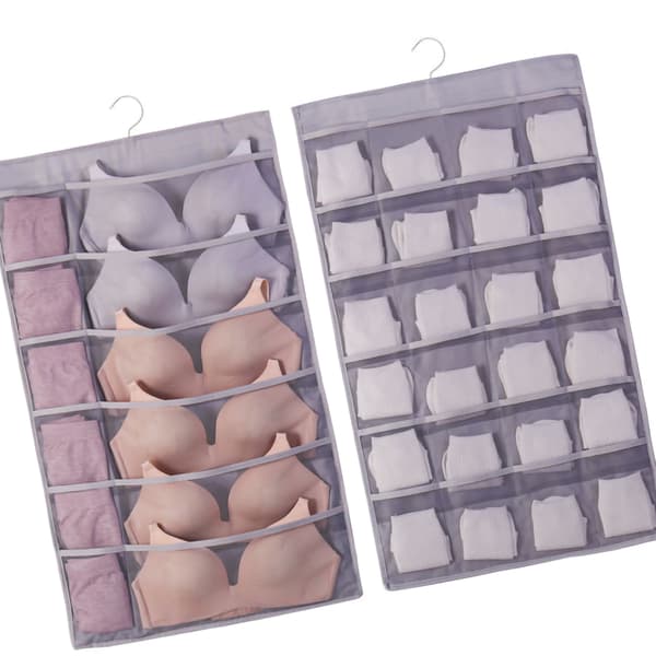 Hanging Bra Organizer Oxford Cloth Double-Sided Breathable Large Capacity Underwear Storage Organizer for Bras Socks Gray, Front 12, Back 24