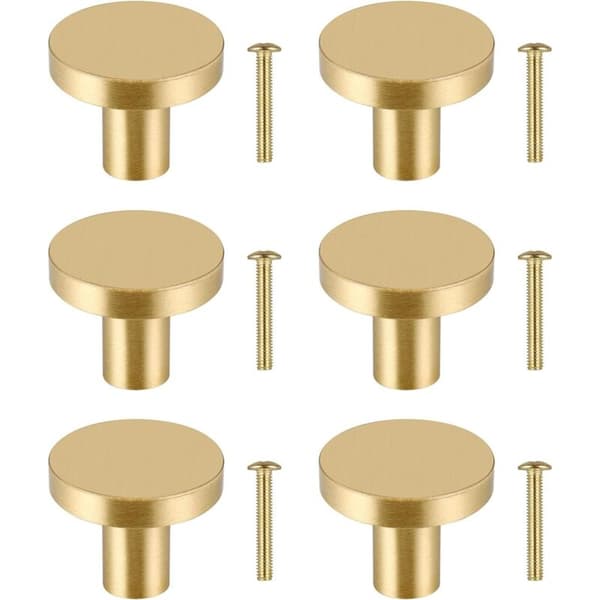 6 Solid Brass Round Cabinet Knobs, Gold Drawer Pulls with Screws, Compatible with Furniture and Cabinets