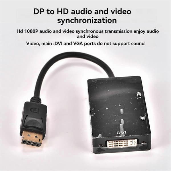 DP til VGA DVI 3-i-1 Adapterkabel DP En-til-tre Videokonverterer Støtter 1080P, Egnet for Pro