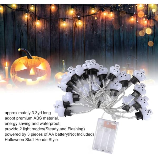 longziming-3M lang 2 belysningstilstande 20LED kraniehoved fe-lys Halloween fe-lys ferie rædsel spøgelse sort hat dekorative lys
