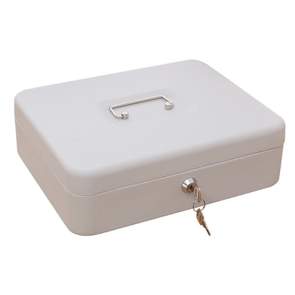 Small Cash Box with Lock, Multiple Compartments, Openable, Foldable, Stainless Steel, Portable Money Box with Handle, White Frosted, Oversized with Key
